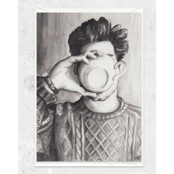 man drinking coffee watercolor greeting card